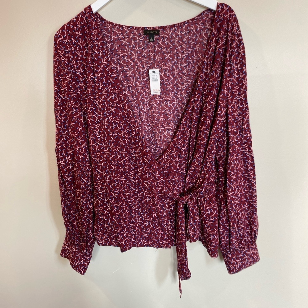 Talbots NWT Crossover Blouse Burgundy Tie Waist Size Large Blueberry’s
